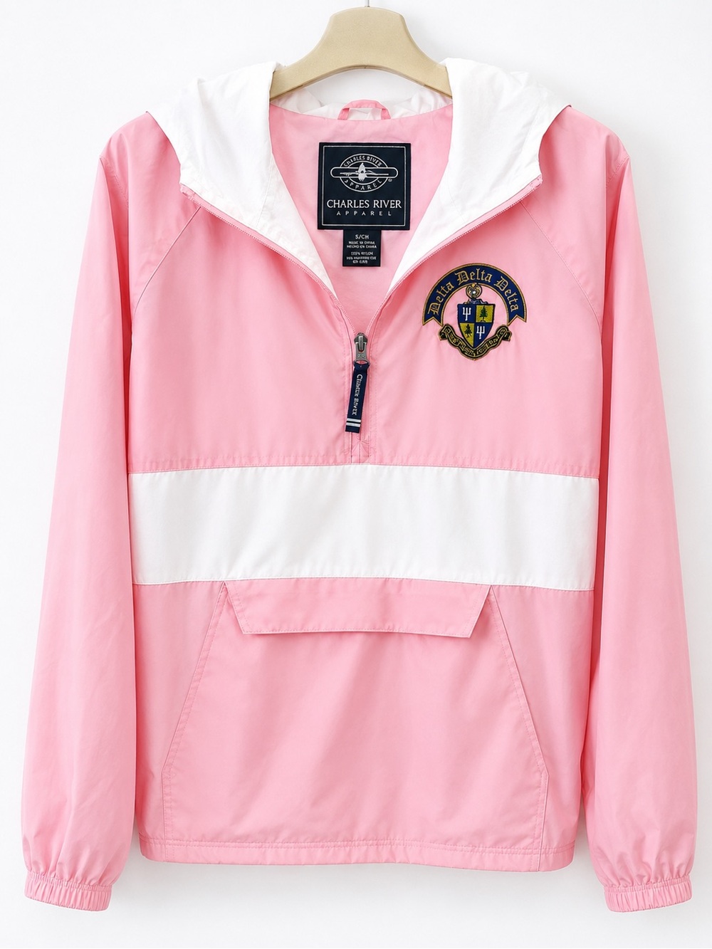 Charles River Apparel Delta Delta Delta Pink & White Hooded Windbreaker – Size M